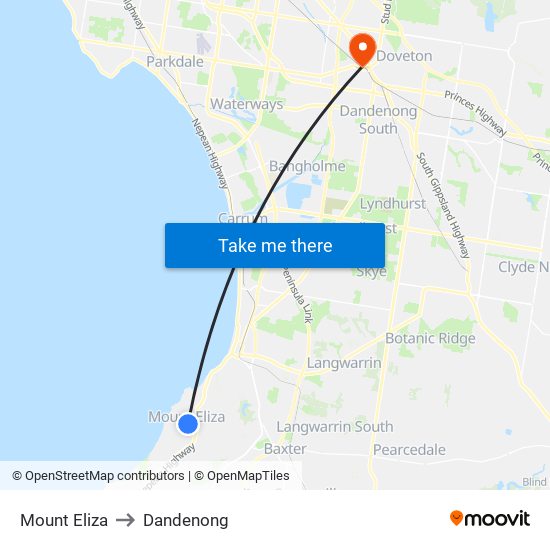 Mount Eliza to Dandenong map