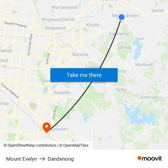 Mount Evelyn to Dandenong map