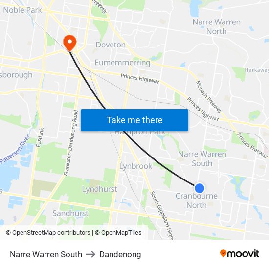 Narre Warren South to Dandenong map