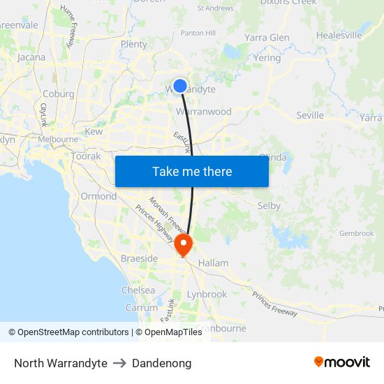 North Warrandyte to Dandenong map