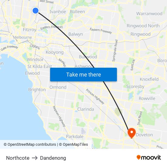 Northcote to Dandenong map