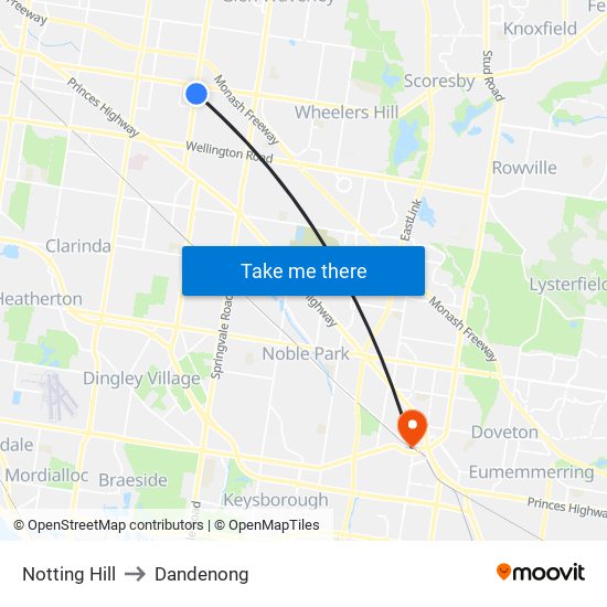 Notting Hill to Dandenong map