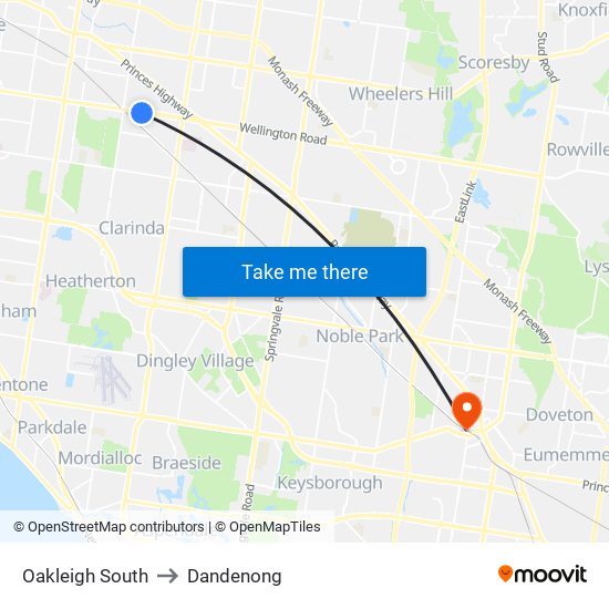 Oakleigh South to Dandenong map