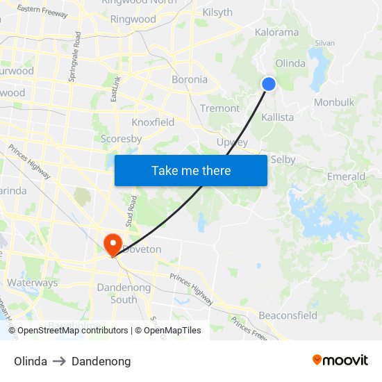 Olinda to Dandenong map