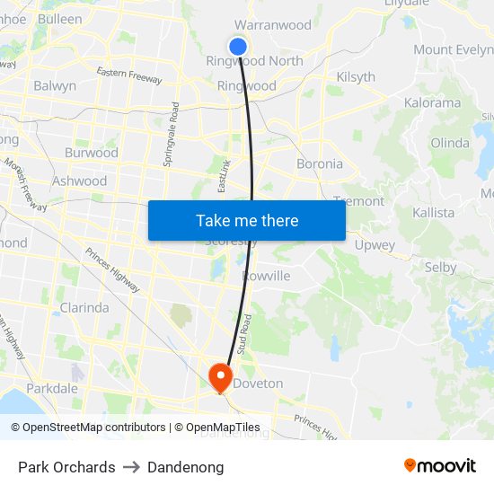 Park Orchards to Dandenong map