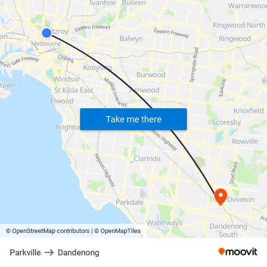 Parkville to Dandenong map