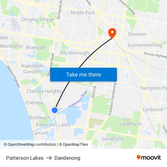 Patterson Lakes to Dandenong map