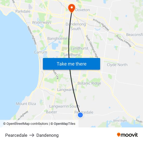 Pearcedale to Dandenong map