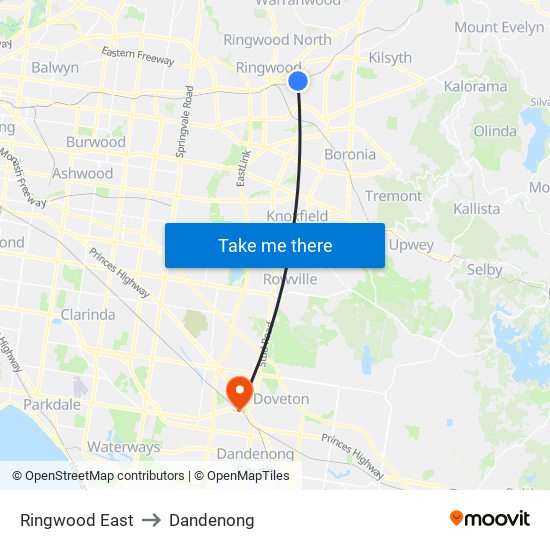 Ringwood East to Dandenong map