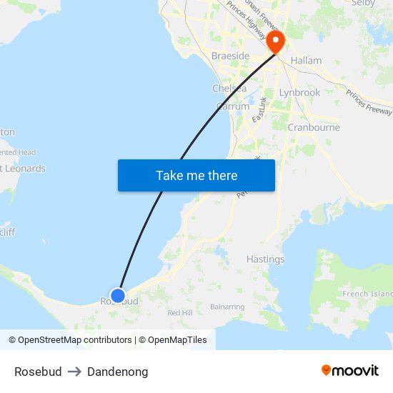 Rosebud to Dandenong map