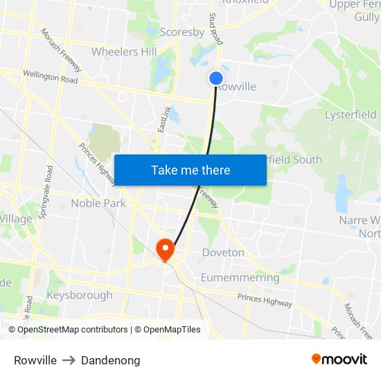 Rowville to Dandenong map