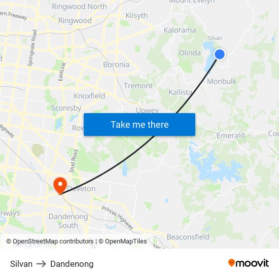 Silvan to Dandenong map