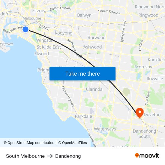 South Melbourne to Dandenong map