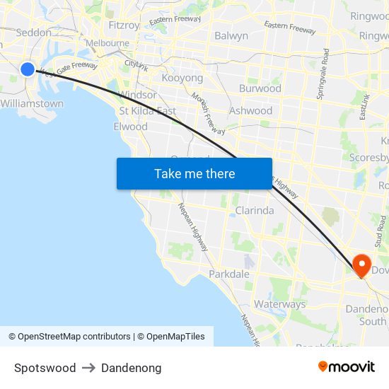 Spotswood to Dandenong map