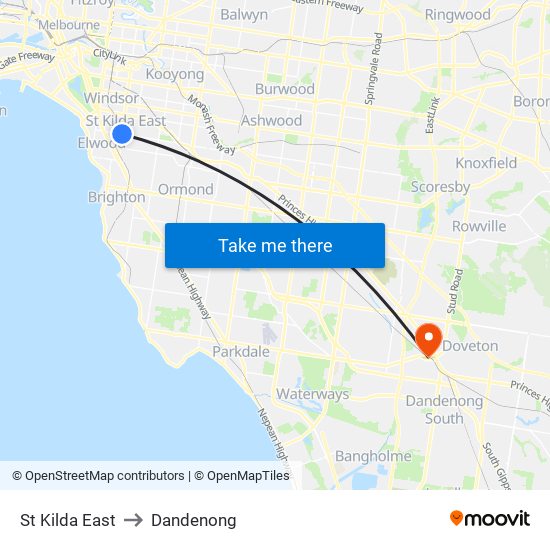 St Kilda East to Dandenong map