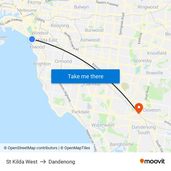 St Kilda West to Dandenong map