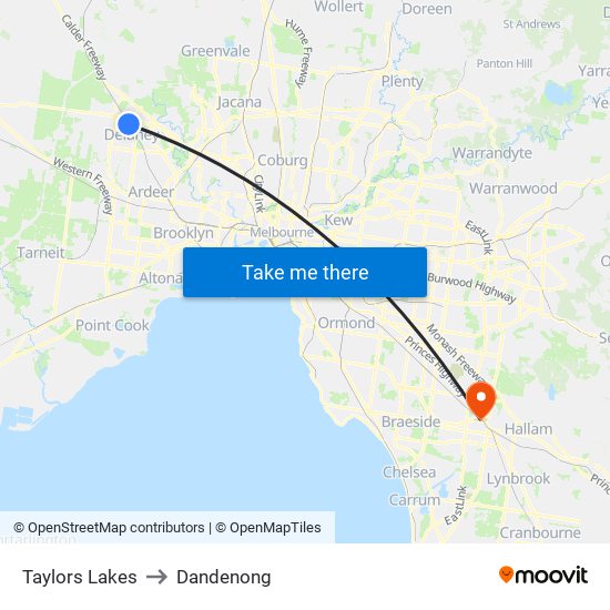 Taylors Lakes to Dandenong map