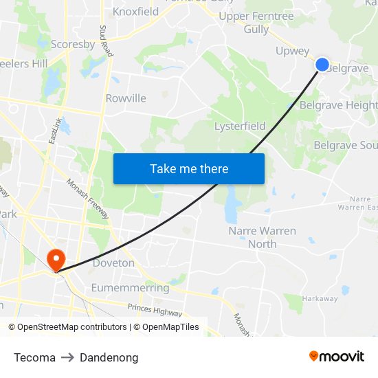 Tecoma to Dandenong map