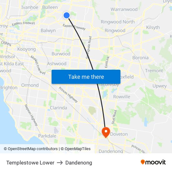 Templestowe Lower to Dandenong map