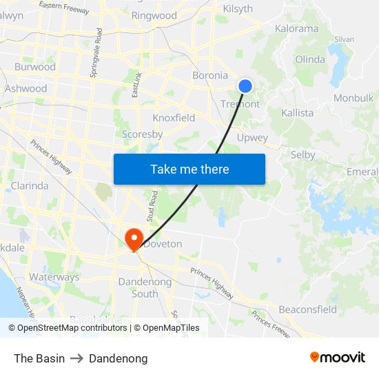 The Basin to Dandenong map