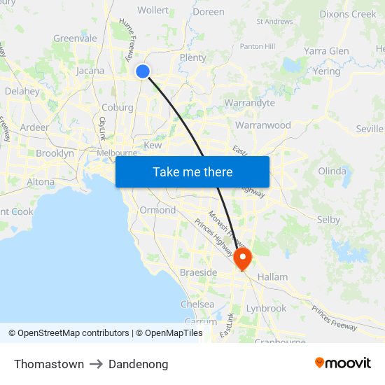 Thomastown to Dandenong map