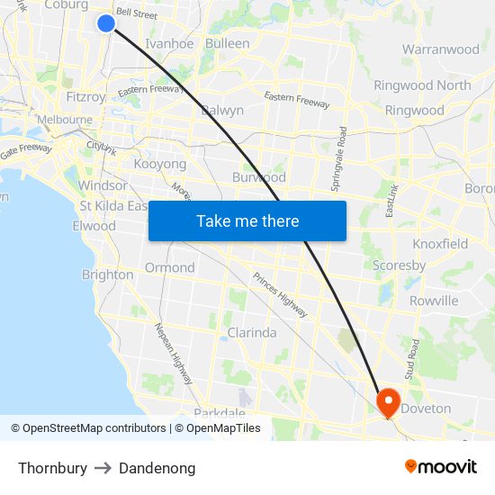 Thornbury to Dandenong map