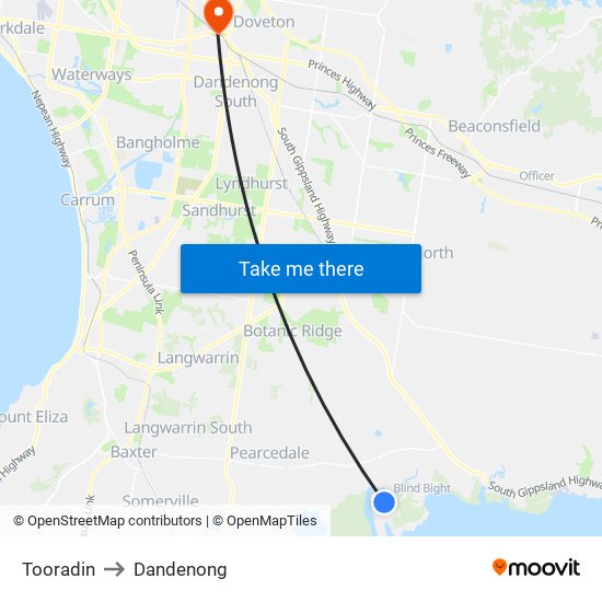 Tooradin to Dandenong map