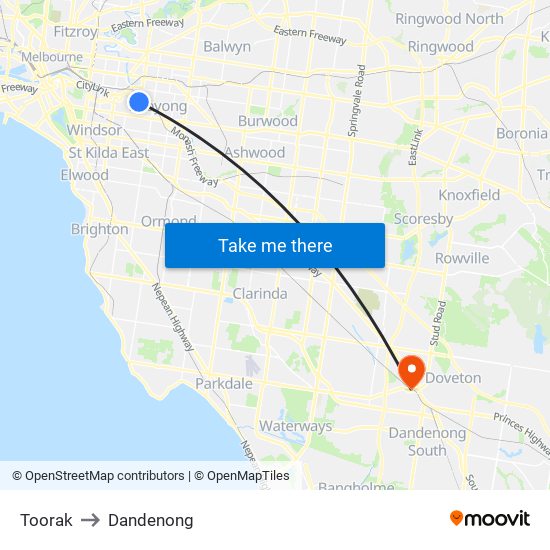 Toorak to Dandenong map