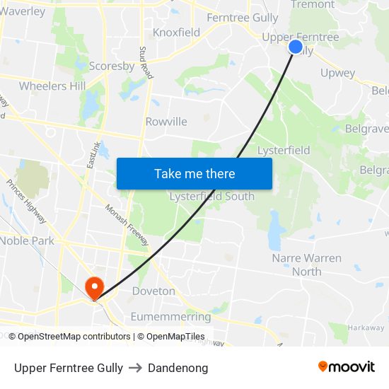 Upper Ferntree Gully to Dandenong map