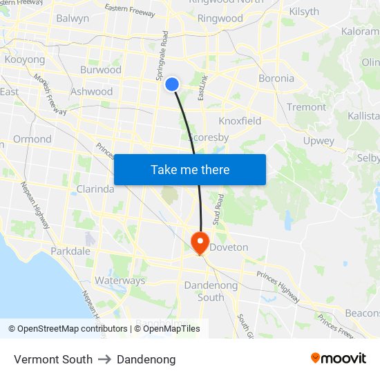 Vermont South to Dandenong map