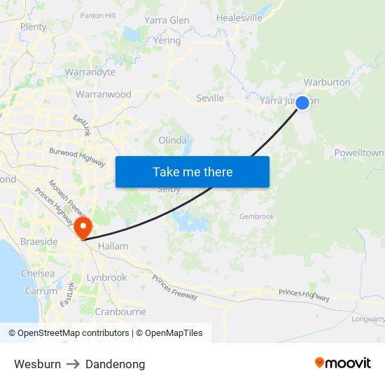 Wesburn to Dandenong map