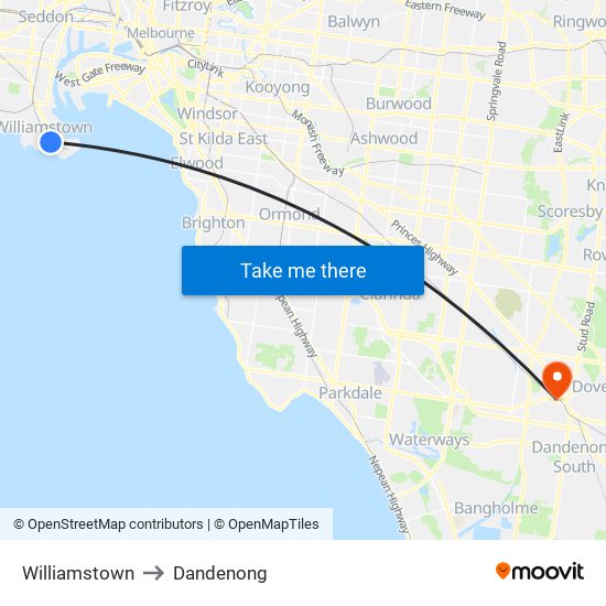 Williamstown to Dandenong map