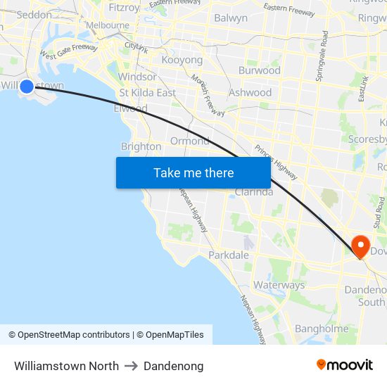 Williamstown North to Dandenong map