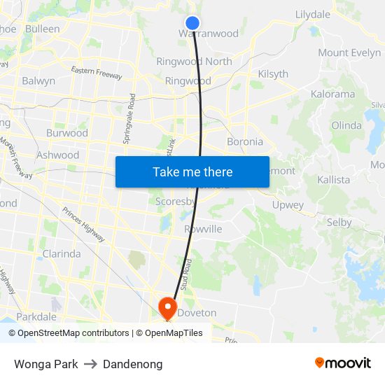 Wonga Park to Dandenong map