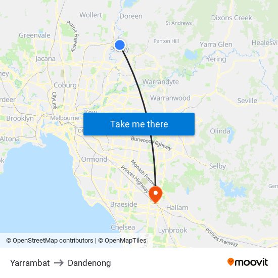 Yarrambat to Dandenong map