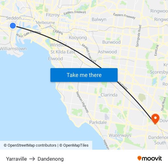 Yarraville to Dandenong map