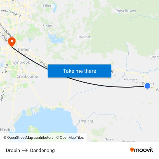 Drouin to Dandenong map