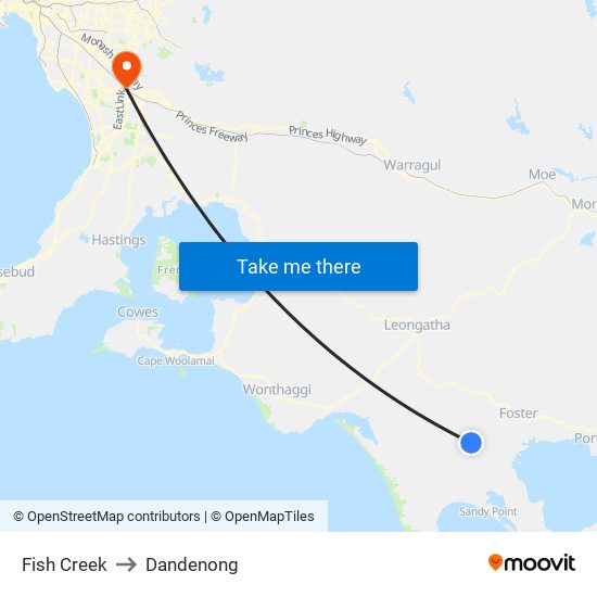 Fish Creek to Dandenong map