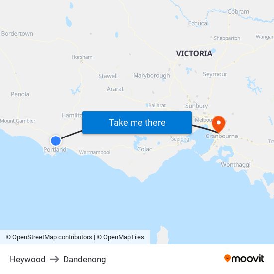 Heywood to Dandenong map