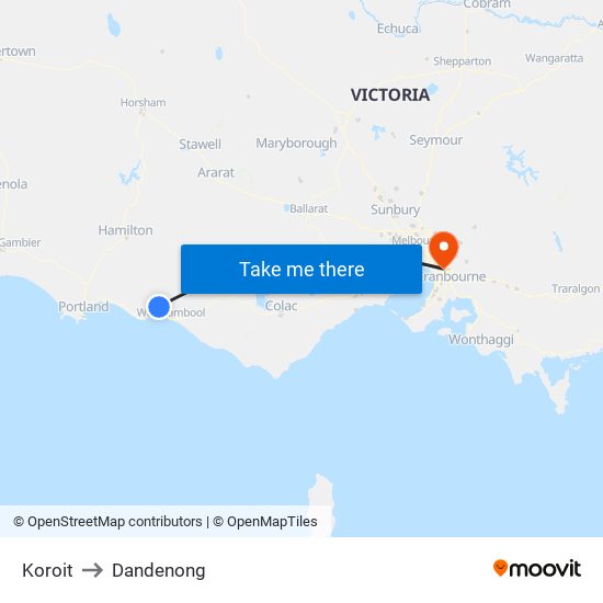 Koroit to Dandenong map