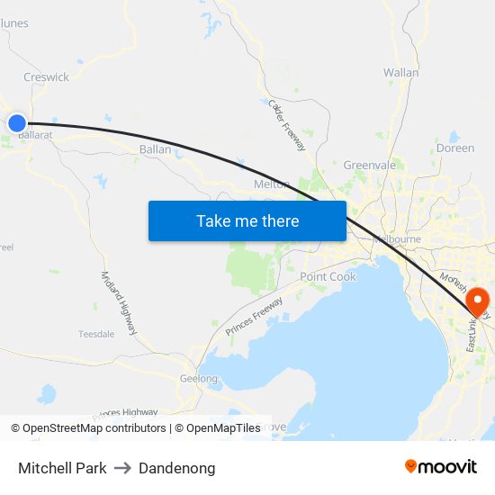 Mitchell Park to Dandenong map