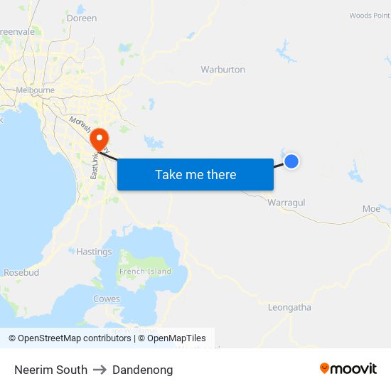 Neerim South to Dandenong map