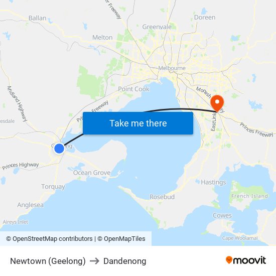 Newtown (Geelong) to Dandenong map
