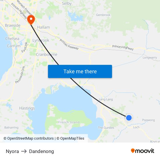 Nyora to Dandenong map