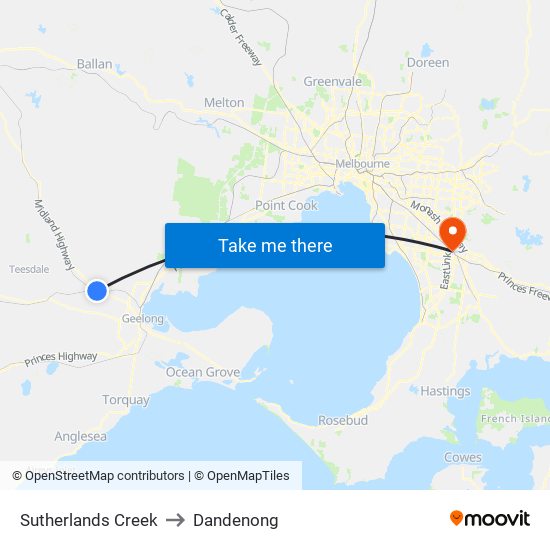 Sutherlands Creek to Dandenong map