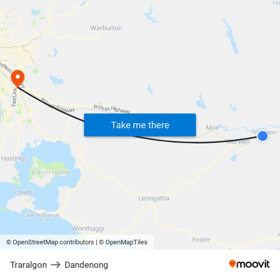 Traralgon to Dandenong map