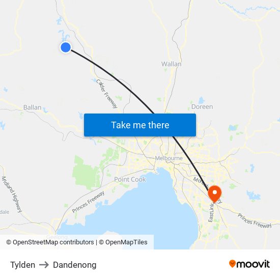 Tylden to Dandenong map