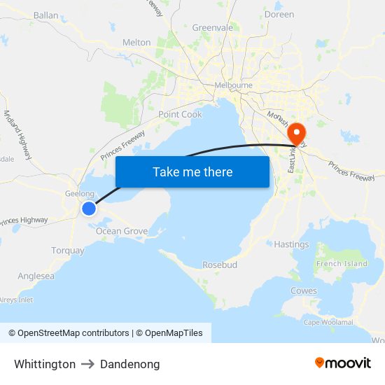 Whittington to Dandenong map