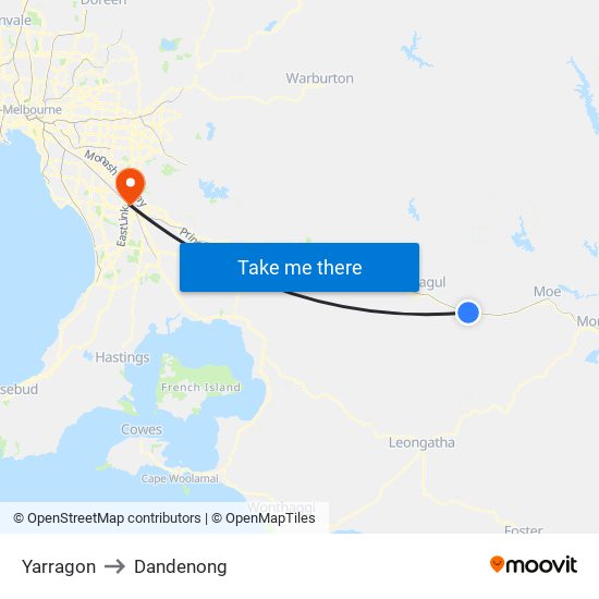 Yarragon to Dandenong map