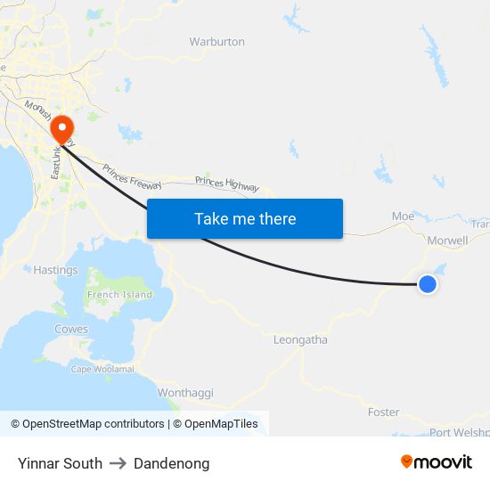 Yinnar South to Dandenong map